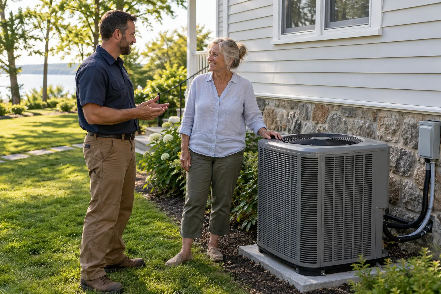 A friendly local provider reviewing a new outdoor AC unit with a homeowner outside an older home in the Burgettstown area