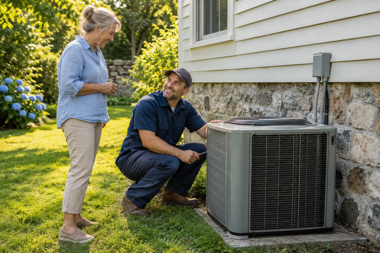 A friendly local provider checking an outdoor AC unit beside an older home in Burgettstown
