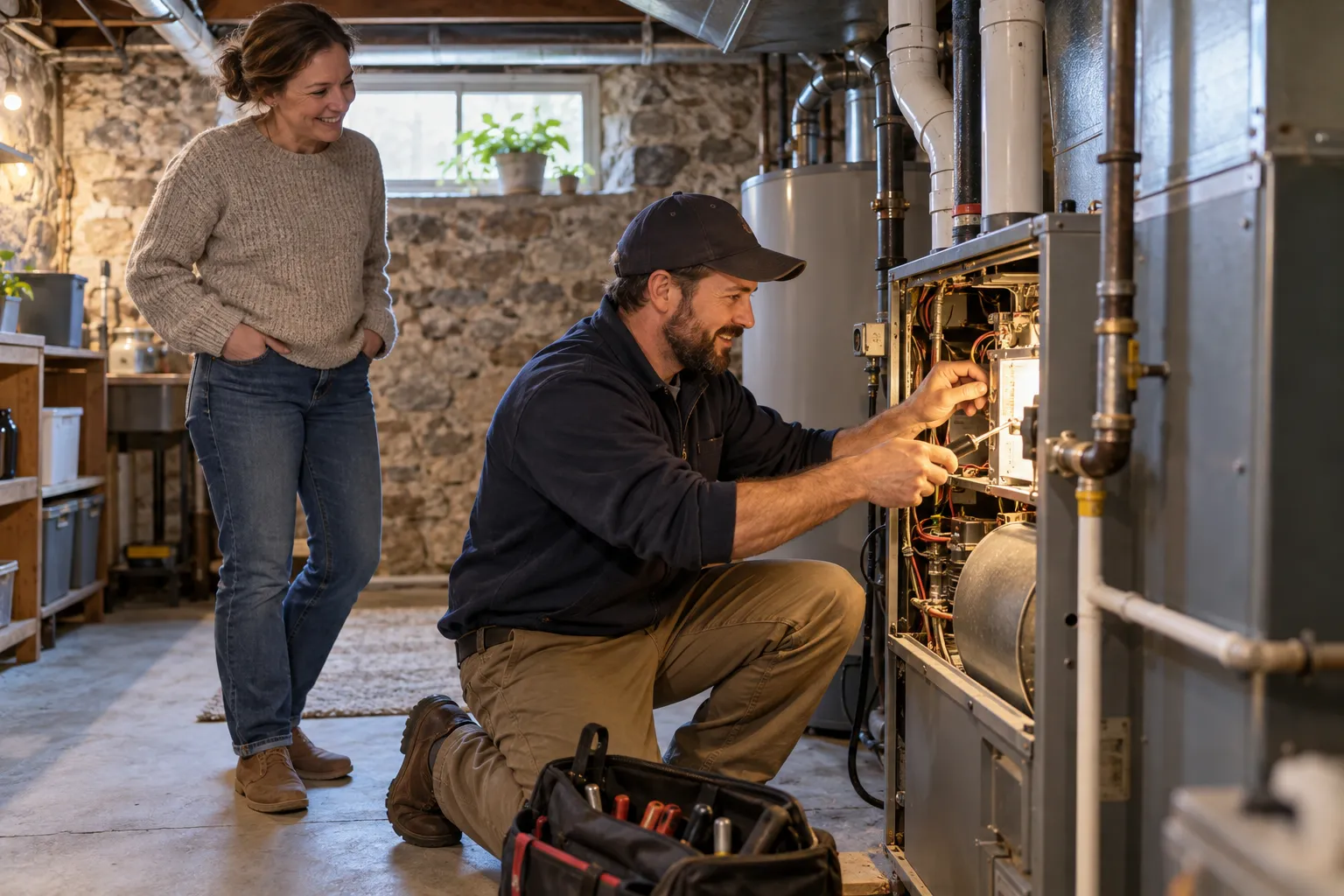 Provider checking an older furnace in a basement in the Burgettstown area